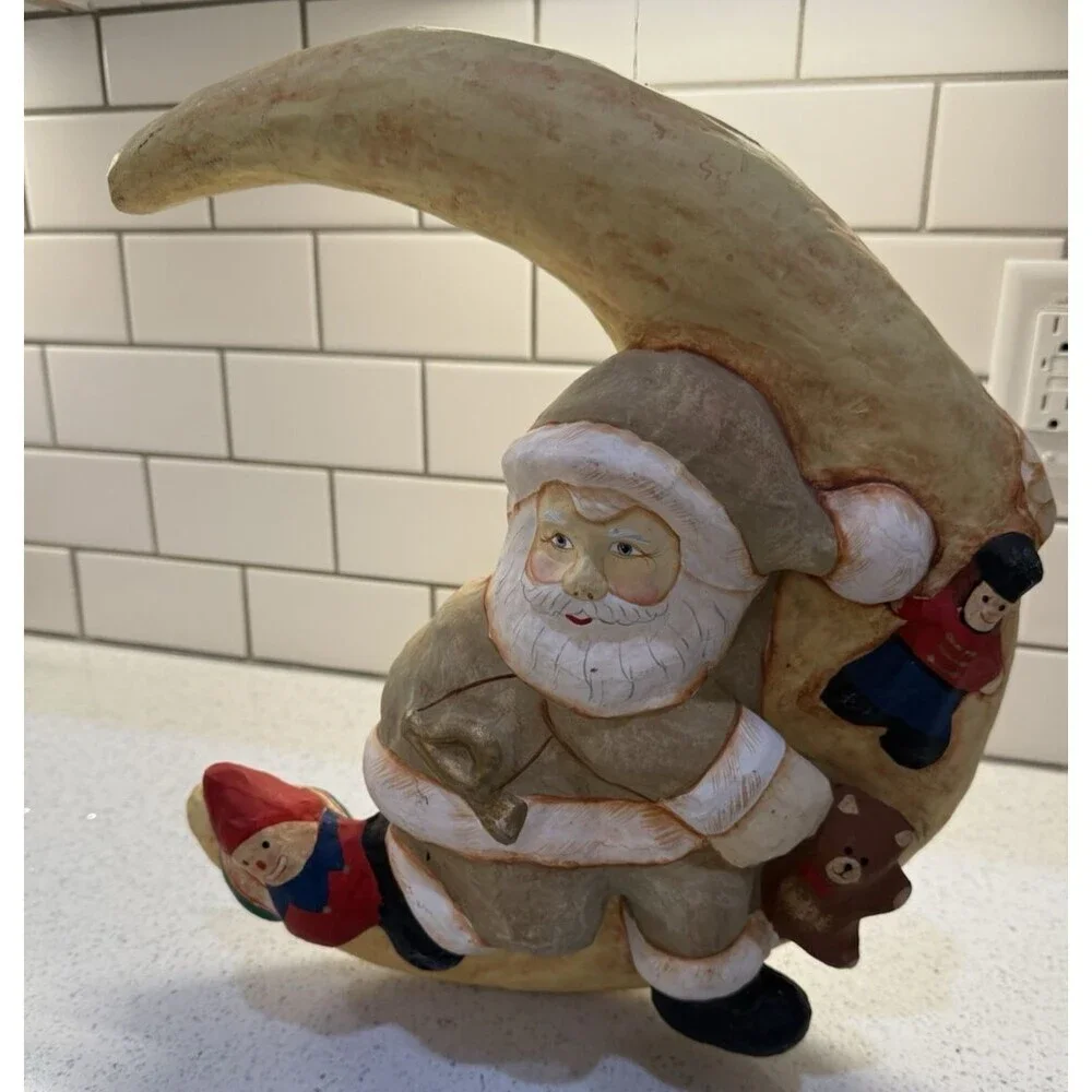 Santa Moon Christmas Decor Paper Mache Christmas Santa Claus Hand Painted 15